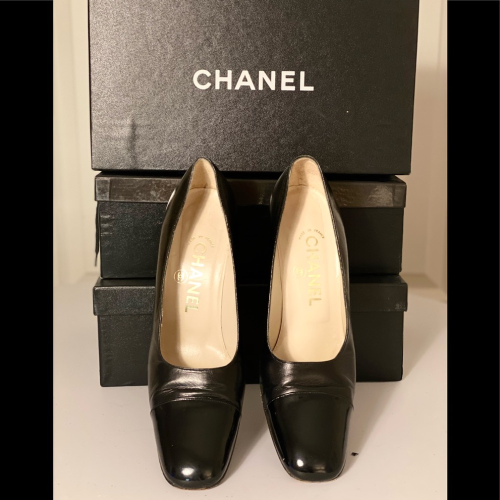 CHANEL Vintage Black Square Heels And Square Toe Pumps size 37.5